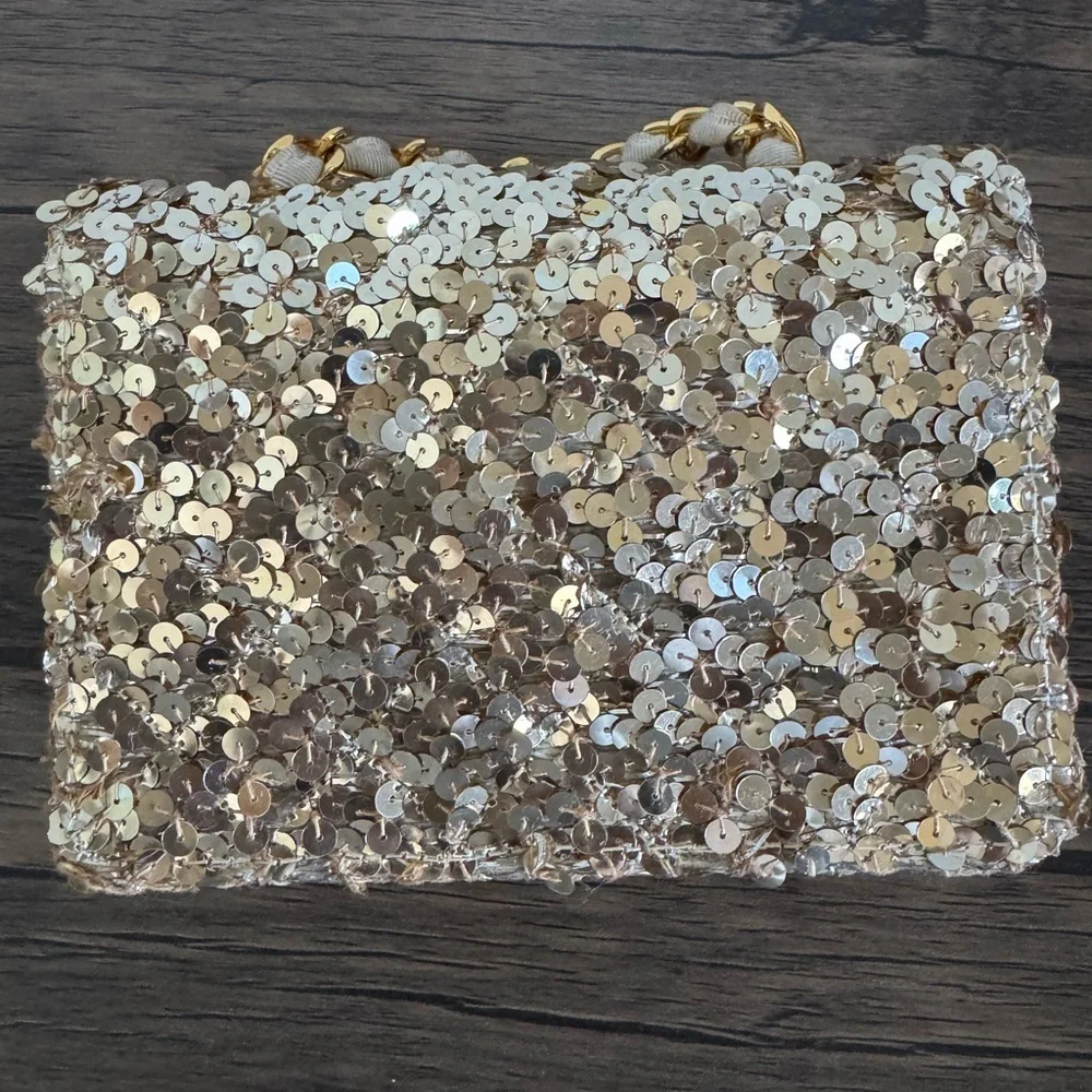 Vintage Chanel Micro Half Flap bag in gold sequin, ribbed satin, gold hardware
